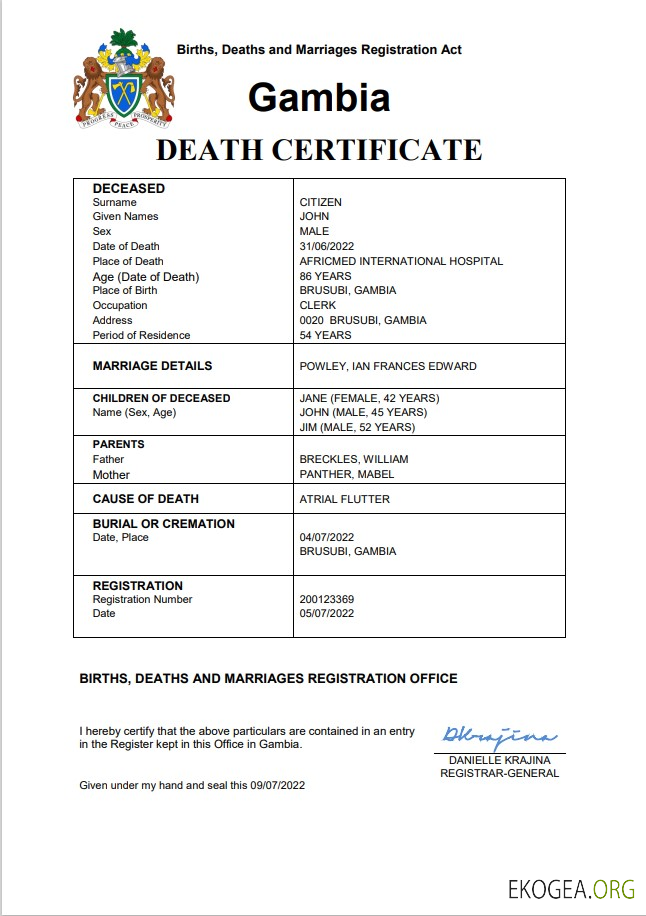 Acte d'état civil de Gambie, acte de décès Word et PDF